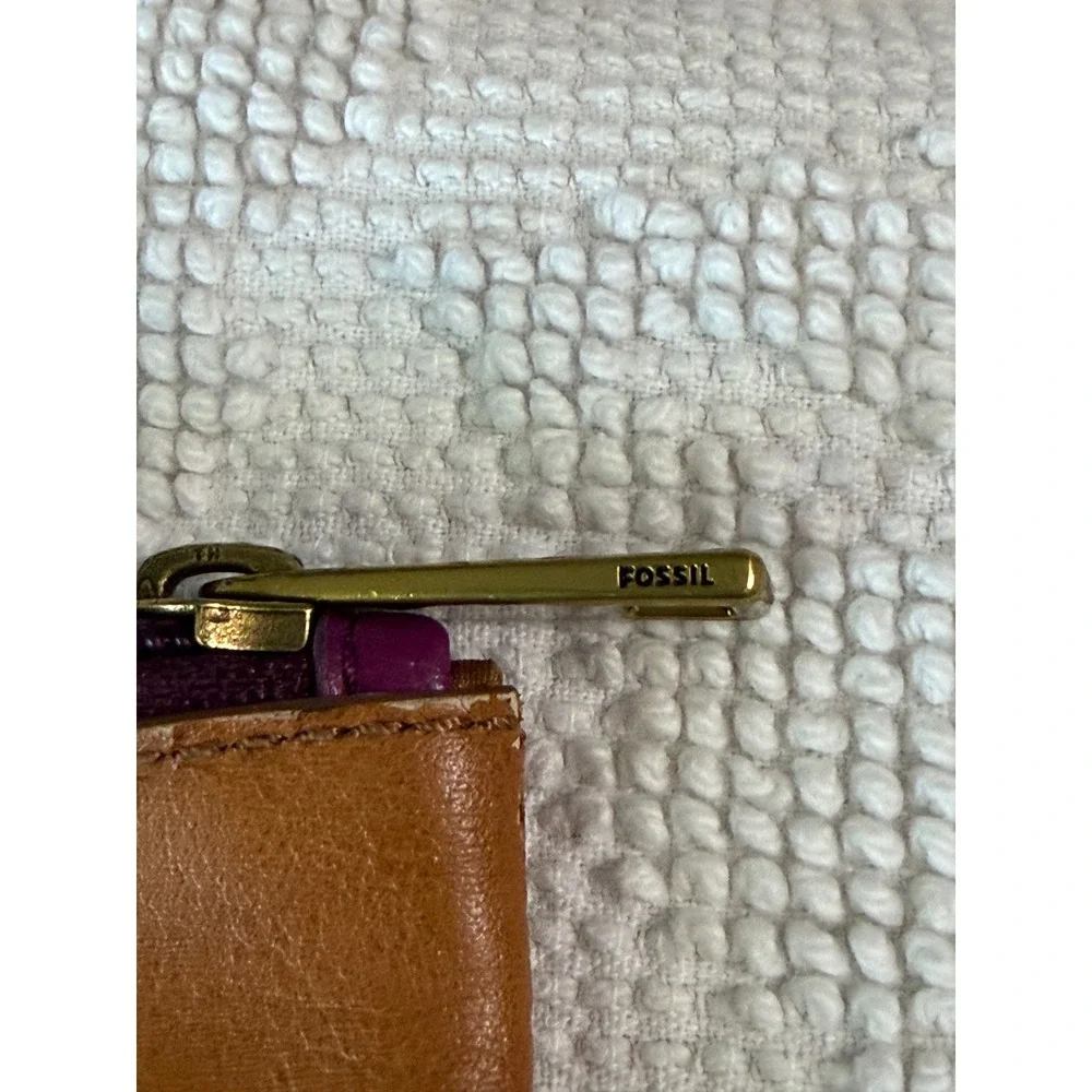 Fossil Desert Sunset Cactus Pouch Tan Synthetic Leather Makeup Bag Purple Zip